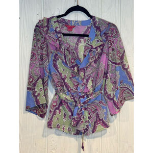 Sunny Leigh Purple Green Paisley Ruffle Tie Front Blouse, Size S